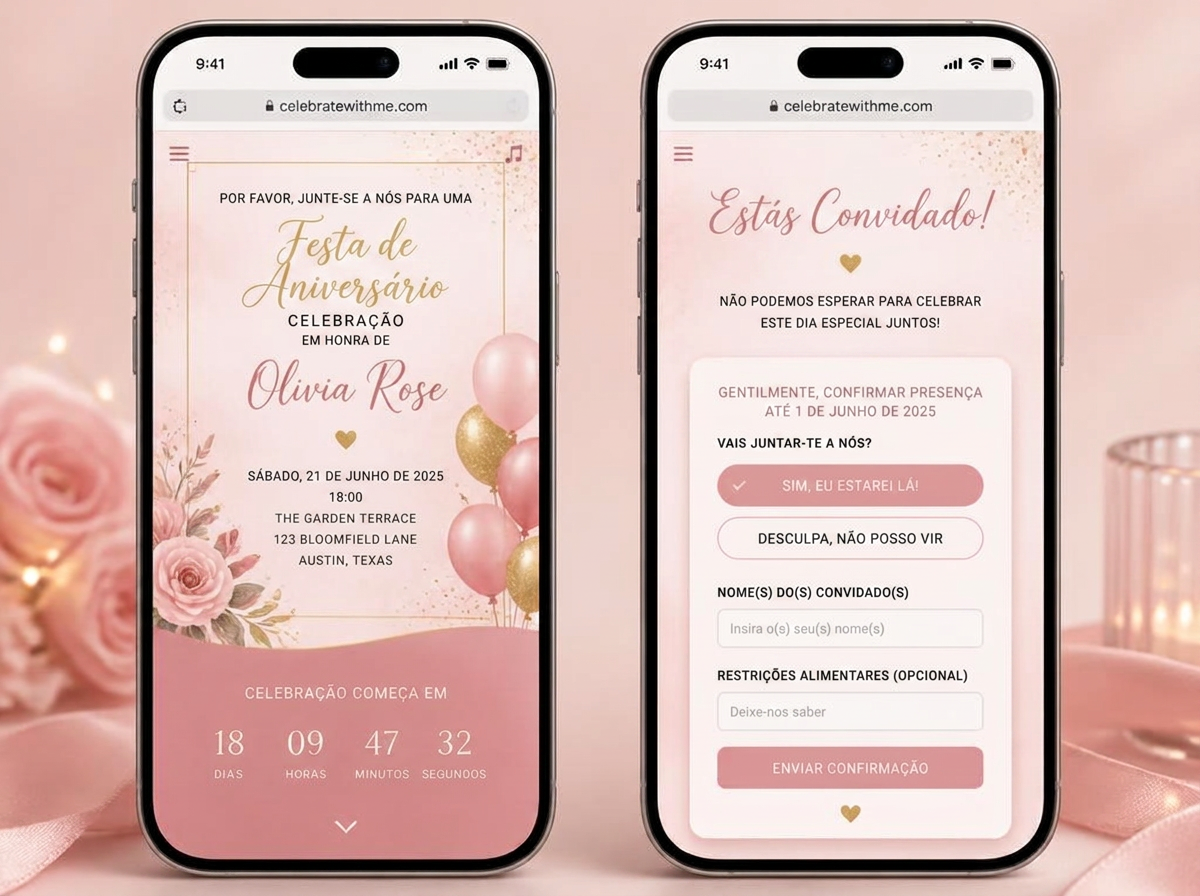 Ecrãs do convite digital: convite e confirmação de presença