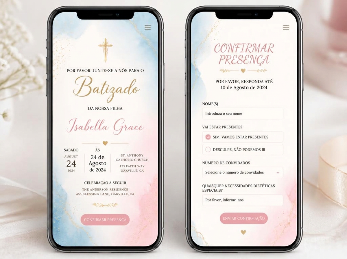 Convite digital em aguarela azul e rosa, com RSVP no telemóvel