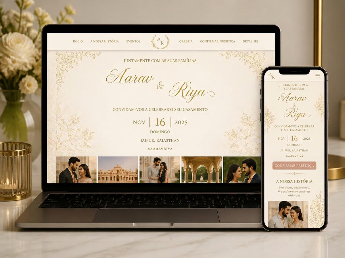Convite digital em telemóvel e computador, com galeria e RSVP