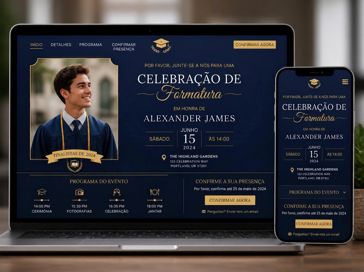 Convite digital em computador e telemóvel, com programa e RSVP